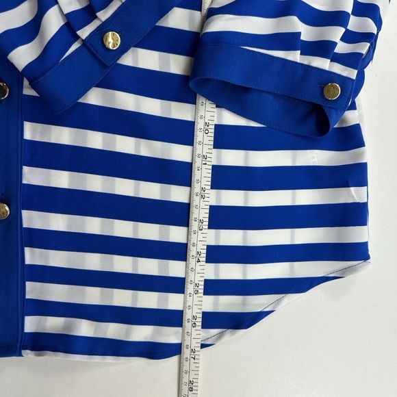 NWOT Susan Graver White Blue Striped Golden Button Shirt Size Small 3/4 Sleeves - Picture 6 of 7